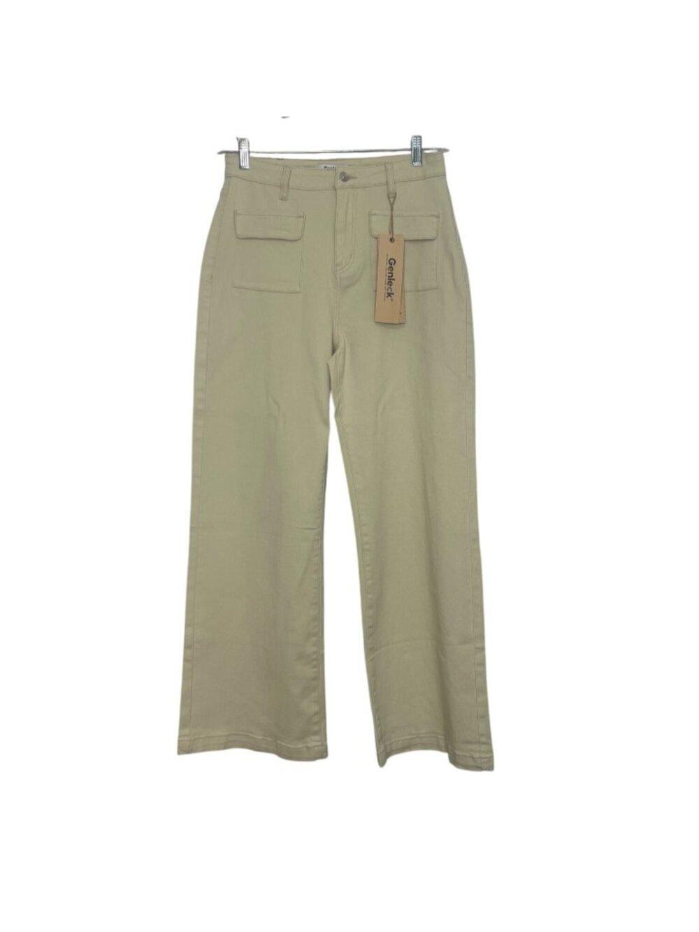 Genleck High Waisted Wide Leg Pants Front Back Pockets 10 Beige New